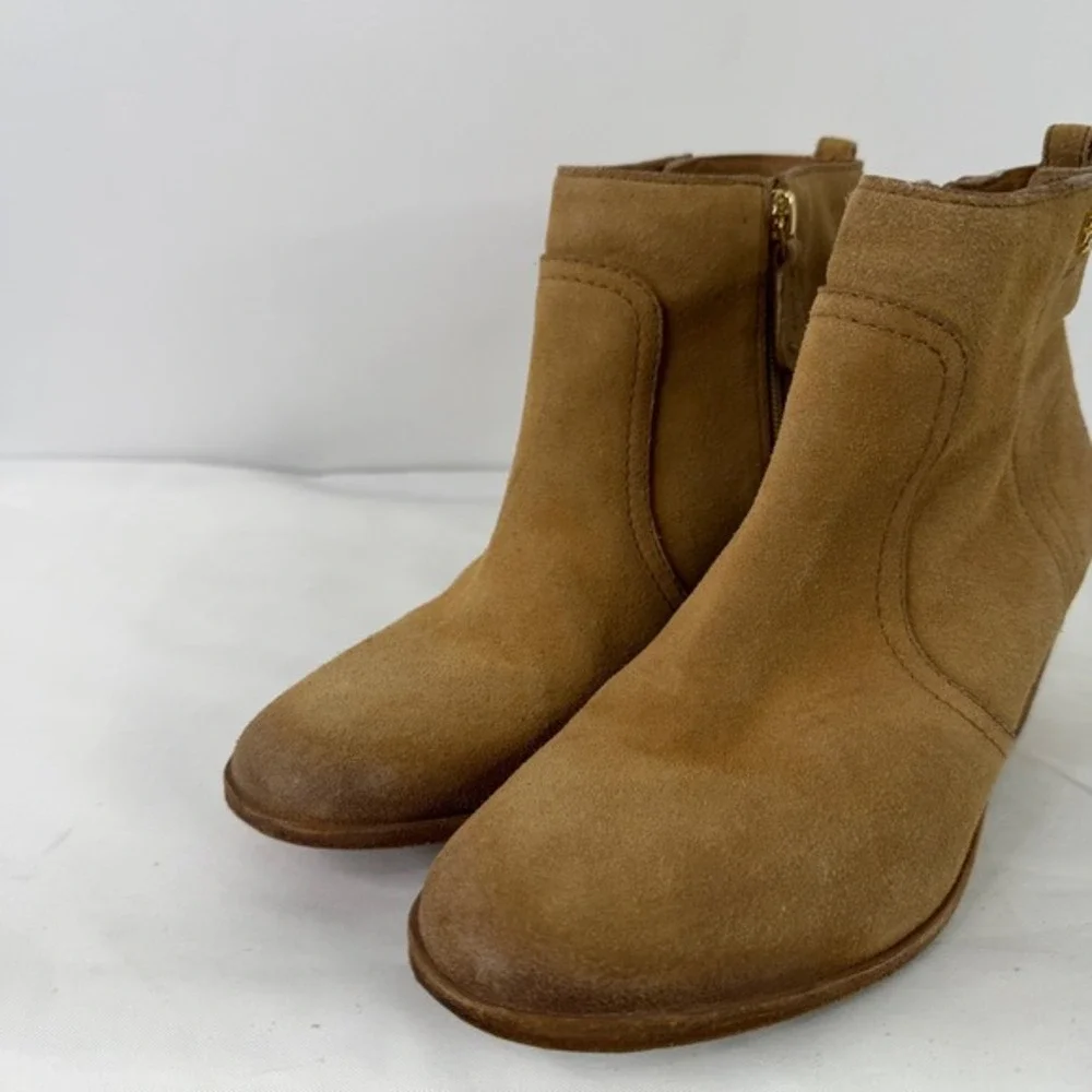 Tory Burch Sabe Tan Suede Ankle Boots Leather Sole Block Heel Brazil 7.5M‎